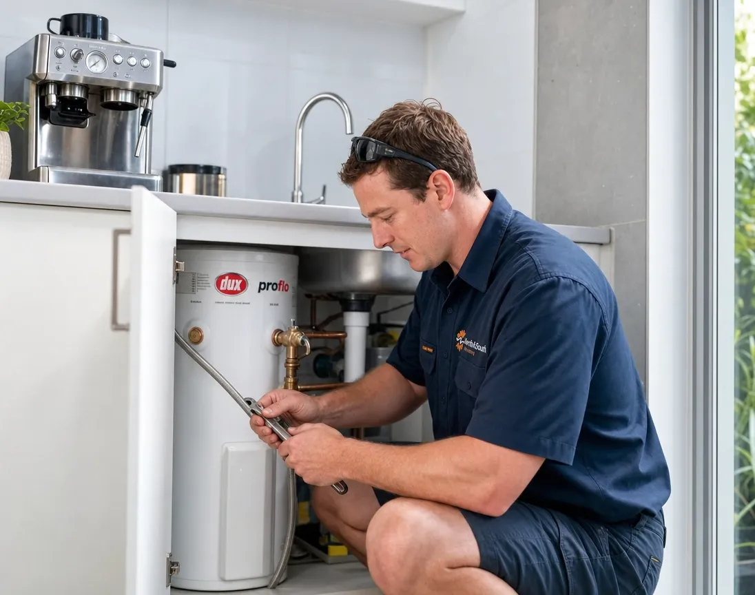 North & South Plumbing plumber servicing an under-bench hot water system in a kitchen