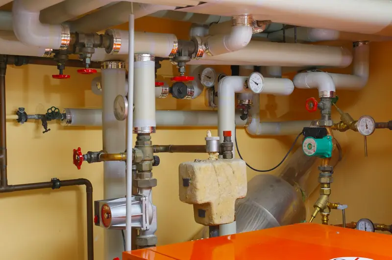 Pipes and valves in a utility room