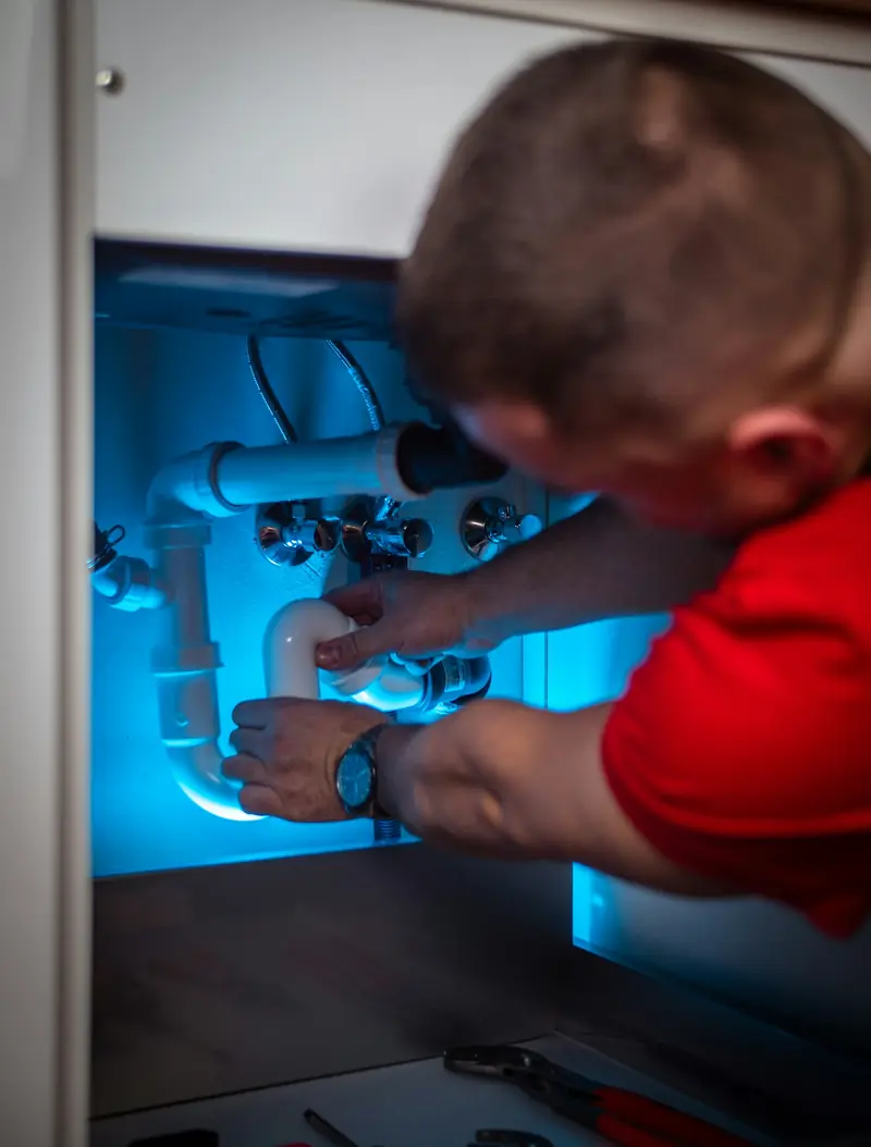 Plumber working on a pipe under a sink